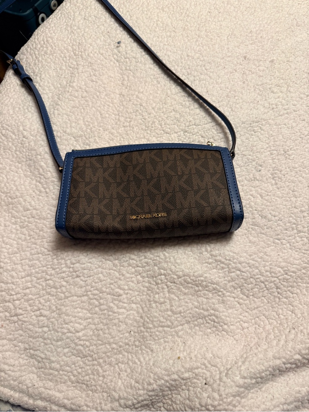 Michael Kors Brown Monogram Crossbody with Blue Trim
